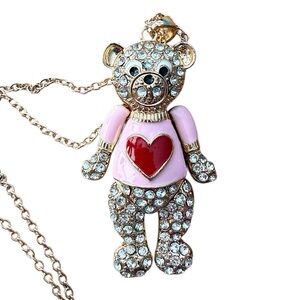 Rhinestone Teddy Bear Necklace Valentine’s Day Long Chain 37” NWT